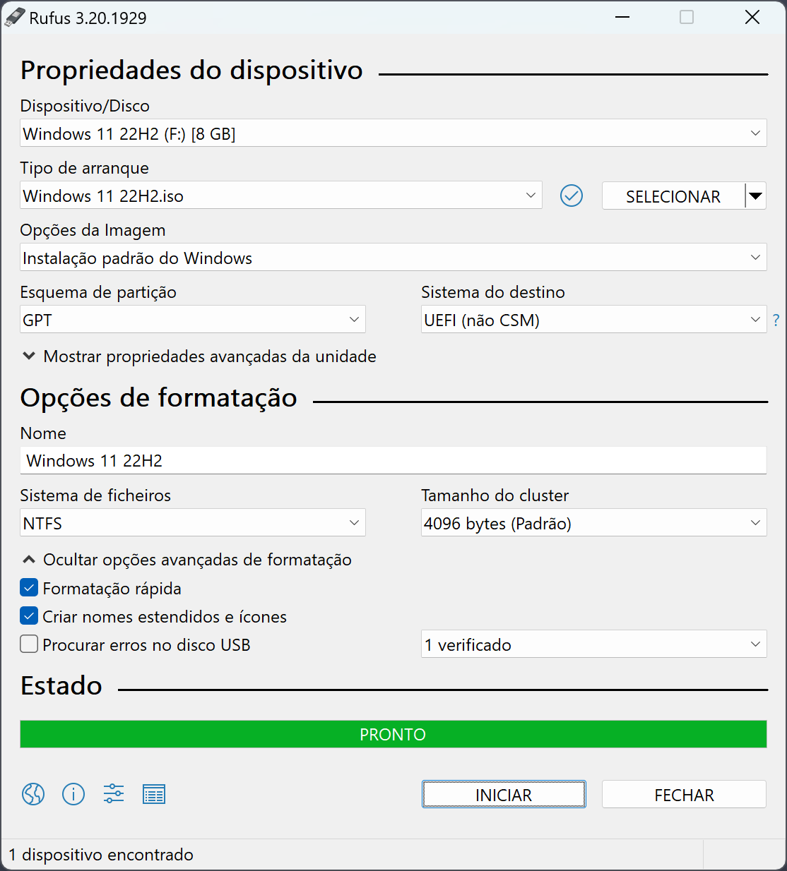 Interface principal do Rufus com seleção de dispositivo e arranque — rufus